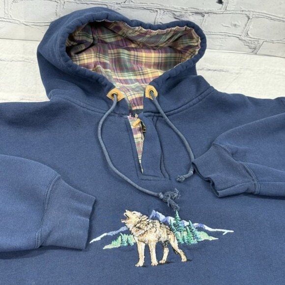 Vintage 90s Habitat Wilderness Hoodie M Embroidered Wolf Plaid Lined Hood Navy - Picture 16 of 16